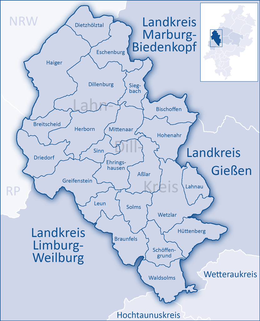 Lahn-Dill-Kreis – wirtschaftsstarke und geschichtsträchtige Region in Hessen Karte des Lahn-Dill-Kreises in Hessen